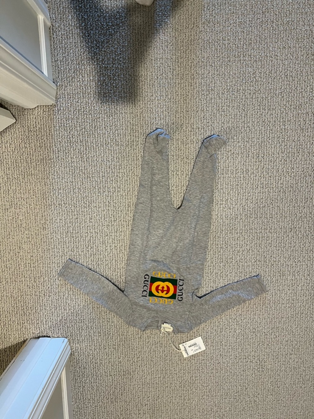 Gucci Gray Baby Logo Romper with Red and Green Emblem